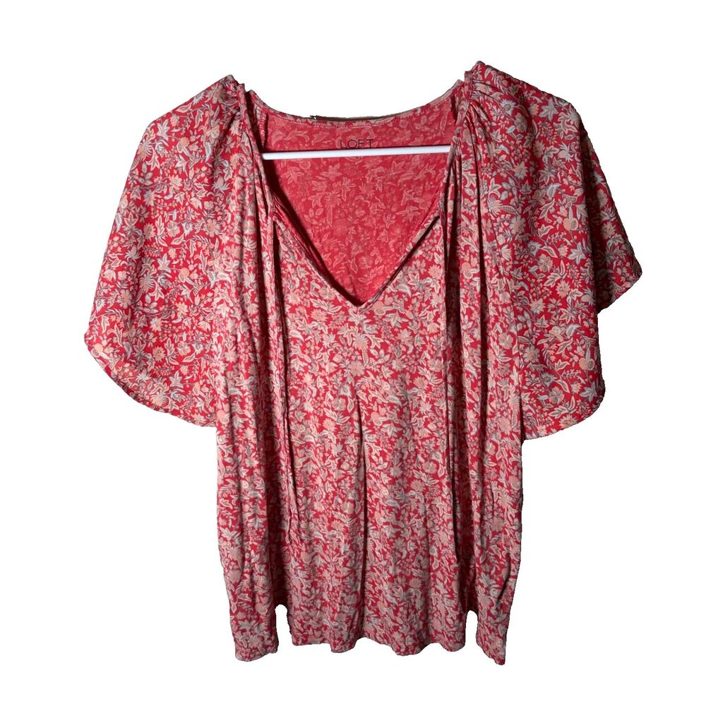 Loft Blouse Women's Medium V-Neck Short Sleeve Ruffle V-Neck Tie Casual Top